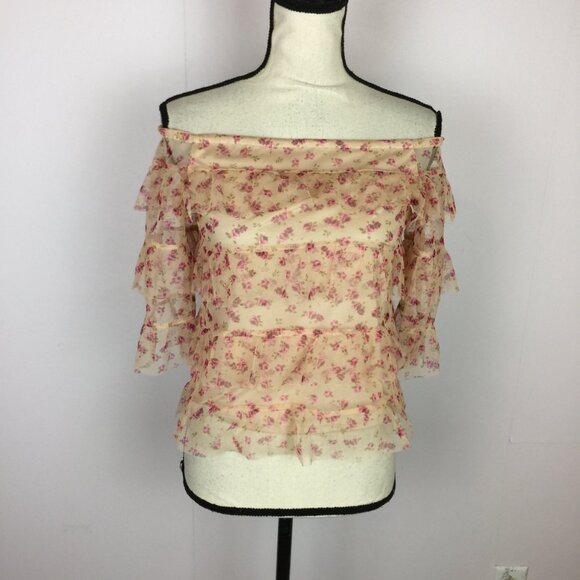 Express Blouse Top XS Womens Coquette Pink Floral Ruffle Off The Shoulders Layer - Picture 1 of 13